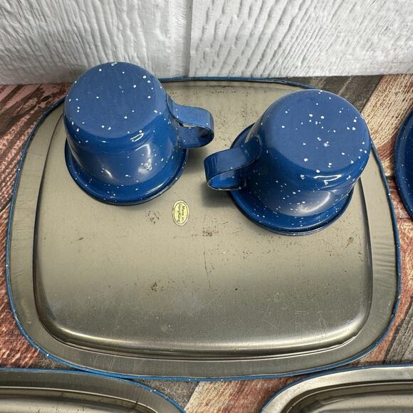 Set of 7 Vintage Blue Speckled Enamelware Graniteware Camp Cup Bowls & Trays - Picture 10 of 13